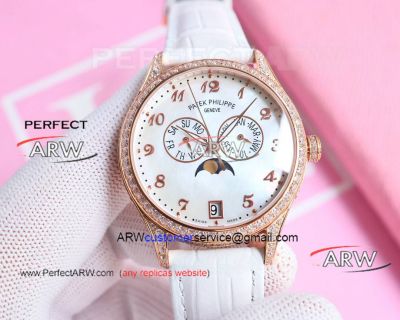 AAA replica Patek Philippe white mother-of-pearl dial rose gold diamond bezel mechanical watch 